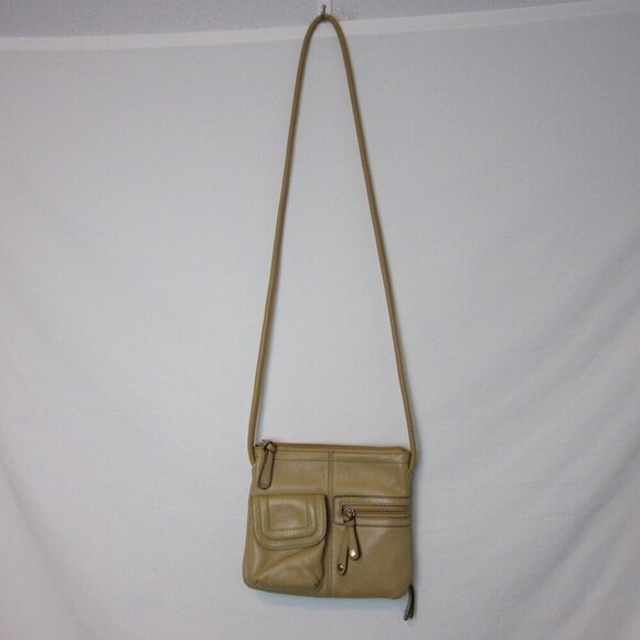 Tignanello Leather Brown Beige Crossbody Purse Card Slots Zipper Pockets - Picture 1 of 7